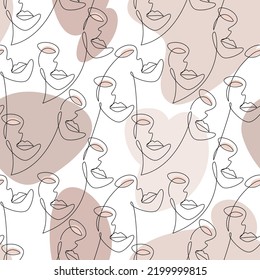 Seamless pattern vector. Woman face continuous line drawing. Modern abstract minimal one line style illustration. Wallpaper, background, fabric, print, wrapping paper, card, banner, poster.