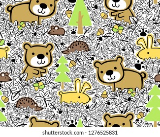 Seamless pattern vector of woods animals cartoon, wood elements cartoon