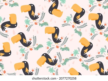 seamless pattern seamless vector yellow beak parrot with nature ornaments, leaves, twigs botanical

