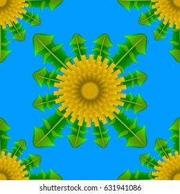 Seamless pattern of vector yellow dandelion with leaves isolated on blue background