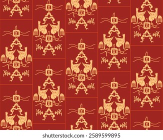 Seamless pattern. Vector yellow intertwined shapes with lines, created by author's patterned red brushes. Mystic birds. Red background for postcards, presentations, websites, textiles.