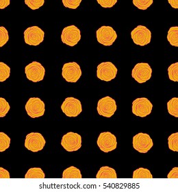 Seamless pattern with vector yellow and magenta rose flowers on a black background.