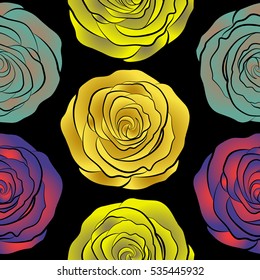 Seamless pattern with vector yellow, red and violet rose flowers on a black background.