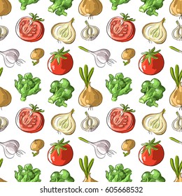 Seamless pattern with vegan mix with tomatoes, onions, garlic, broccoli