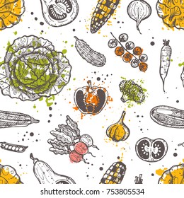 Seamless pattern with vegatables. Ink hand drawn vector illustration with watercolor splash. Can be used for wrapping paper, street festival, farmers market, country fair, shop, menu, cafe, restaurant