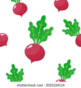 Patrón sin foco con verdura. Adorable ilustración del rábano rojo fresco aislado en el fondo blanco. Diseño sencillo para el fondo de pantalla de impresión, tela y papel tapizado.