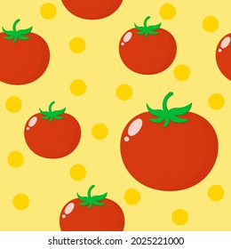 Seamless Pattern With Vegetable. Cute Illustration Of Fresh Red Tomato With Orange Polka Dot Background. Simple Design For Wallpaper, Print Screen Backdrop, Fabric, And Tile Wallpaper.