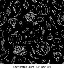 Seamless pattern of vegetable doodles on a dark background. Hand-drawn images. Vector for posters, web, textiles, children's coloring pages.