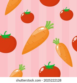 Seamless Pattern With Vegetable And Fruit. Cute Illustration Of Fresh  Tomato And Carrot With Pink Stripes Background. Simple Design For Print Screen Backdrop, Fabric And Tile Wallpaper.