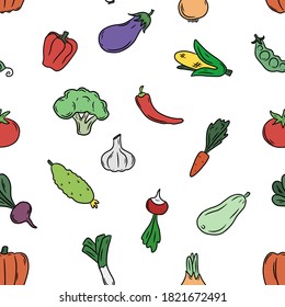 Seamless pattern of vegetable. Hand drawn vector illustration in doodle style, isolated on a white background.