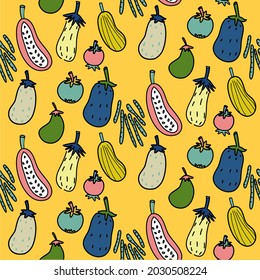 seamless pattern vegetable hand drawn cartoon icon vector in fresh cute colour, can make fabric pattern, paper, apron, logo, sticker or any kind of craft project