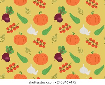 Seamless pattern with vegetable harvest on a yellow background. Vector illustration of pumpkin, beetroot, dill for print, textile, wrapping paper, t-shirts, tablecloths, potholders.