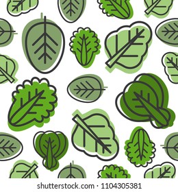 Seamless pattern of Vegetable leaves such as kale, spinach, lettuce outline and green shadow