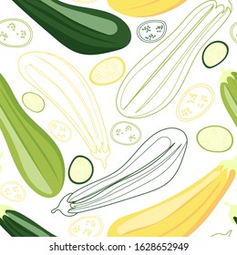 Seamless pattern. Vegetable marrow, squash, zucchini. Vegetables. Natural food and healthy nutrition. Flat vector illustration on a white background.