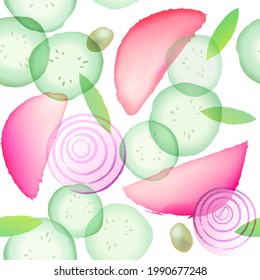 Seamless pattern. Vegetable mix salad, slices of cucumber, onion, pieces of tomatoes, olives and green at watercolor style.