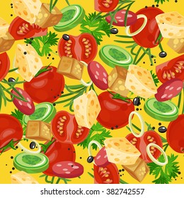 Seamless pattern with vegetable organic food. Seamless background with cucumber, onions, tomato. Vector illustration