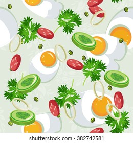 Seamless pattern with vegetable organic food. Seamless background with cucumber, onions, tomato. Vector illustration