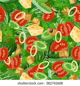 Seamless pattern with vegetable organic food. Seamless background with cucumber, onions, tomato. Vector illustration