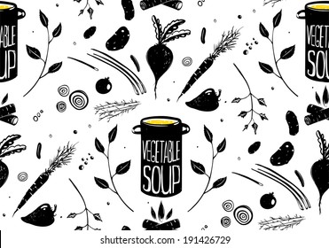 Seamless Pattern Vegetable Soup in Black  Food background illustration in black ink  Vector EPS8