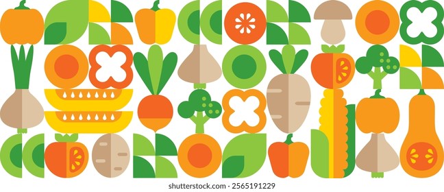 Seamless pattern with vegetables. Abstract geometric flat style. Organic food, eco, bio.Set of simple icons. Modern background.Vector illustration. Onion, tomato, potato, corn, pumpkin.