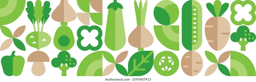 Seamless pattern with vegetables. Abstract geometric flat style. Organic food, eco, bio. Set of simple icons. Modern background.Vector illustration. Onion, potato, cucumber, broccoli, mushrooms.