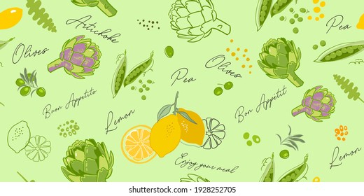 Seamless pattern of vegetables, artichoke, peas and other products. Vector illustration, full color.