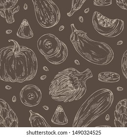 Seamless pattern with vegetables: artichoke, pumpkin, zucchini and eggplant. Vector hand drawn illustration.