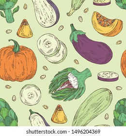 Seamless pattern with vegetables: artichoke, pumpkin, zucchini and eggplant. Vector hand drawn illustration.