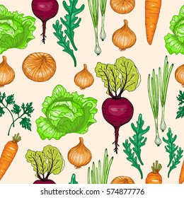 Seamless pattern of vegetables. Background for wrapping paper and sales packages. Hand drawn vector illustration