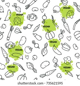 Seamless pattern vegetables balck line art  isolated on a white background. Vector illustration. Vegan concept.