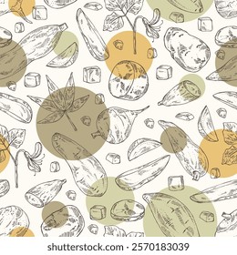 Seamless pattern with vegetables: batat, cassava root, sweet potato, jicama and potatoes. Vector hand drawn illustration.