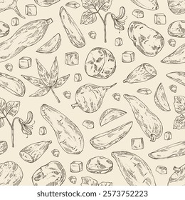 Seamless pattern with vegetables: batat, cassava root, sweet potato, jicama and potatoes. Vector hand drawn illustration.