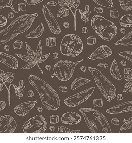 Seamless pattern with vegetables: batat, cassava root, sweet potato, jicama and potatoes. Vector hand drawn illustration.