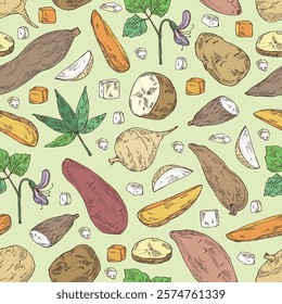 Seamless pattern with vegetables: batat, cassava root, sweet potato, jicama and potatoes. Vector hand drawn illustration.