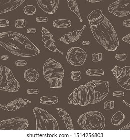 Seamless pattern with vegetables: batat, taro root, yams, chinese artichoke. Vector hand drawn illustration.