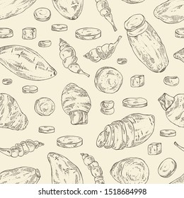 Seamless pattern with vegetables: batat, taro root, yams, chinese artichoke. Vector hand drawn illustration.