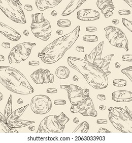 Seamless pattern with vegetables: batat, taro root, cassava root and Jerusalem artichoke. Vector hand drawn illustration.