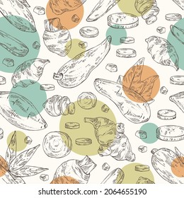 Seamless pattern with vegetables: batat, taro root, cassava root and Jerusalem artichoke. Vector hand drawn illustration.