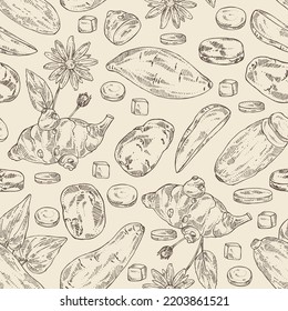 Seamless pattern with vegetables: batat, tuber of yams, sweet potato, Jerusalem artichoke and potatoes. Vector hand drawn illustration.