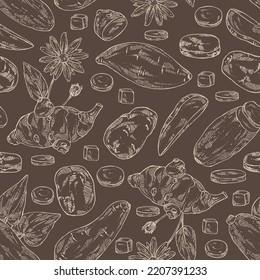 Seamless pattern with vegetables: batat, tuber of yams, sweet potato, Jerusalem artichoke and potatoes. Vector hand drawn illustration.