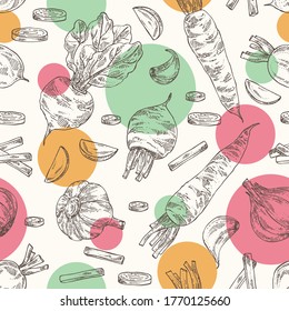 Seamless pattern with vegetables: beetroot, carrot, garlic and radish. Vector hand drawn illustration