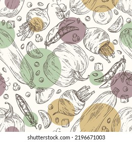Seamless pattern with vegetables: beetroot, peas, pumpkin and zucchini. Vector hand drawn illustration