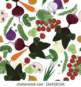 Seamless pattern with vegetables. Beets, carrots, onions, tomato, cucumber, peas, broccoli, champignon. Vector texture on a white background. Kitchen textiles, napkins, paper, background, cover.