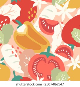 Verduras de patrón sin fisuras, pimiento, tomate, rábano, repollo sobre fondo de color. Ilustración vectorial.