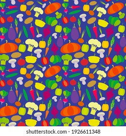 Seamless pattern vegetables bell peppers pumpkin beets carrots eggplant red hot peppers cauliflower broccoli potatoes mushrooms cucumber onion garlic, tomato radish on violet blue  background. Vector