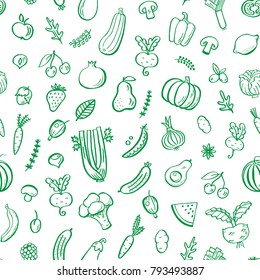 Seamless pattern with vegetables, berries, nuts, fruits which created in primitive, simple style. Vegetarian background, farmer`market. Colored vector illustration.