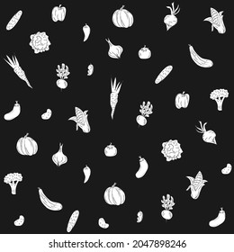 Seamless pattern of vegetables. Black and white pattern for kitchen. Vector illustration. Autumn harvest. Hand drawn. Sketch