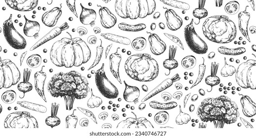 Seamless pattern with vegetables. Black and white background with Broccoli, eggplant, onion, mushrooms, zucchini, peppers, garlic, peas, tomatoes, carrot, beetroot, cabbage, pumpkin, cauliflower