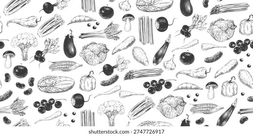 Seamless pattern with vegetables. Black and white background of vegetables. Engraving with cabbage, corn, lettuce, eggplant, zucchini, radish, paprika, sweet potato, parsnip. Pattern for menu