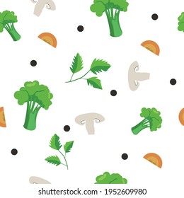 Seamless pattern with vegetables. Broccoli, carrot, mashroom, pepper set